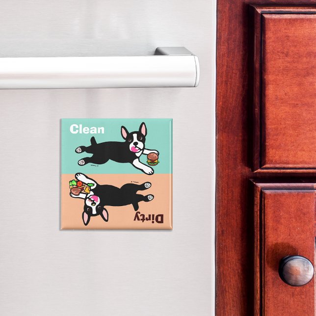 Íman Boston Terrier Cartoon Suja / Limpo (Cute Boston Terrier Cartoon Dishwasher Magnet.)