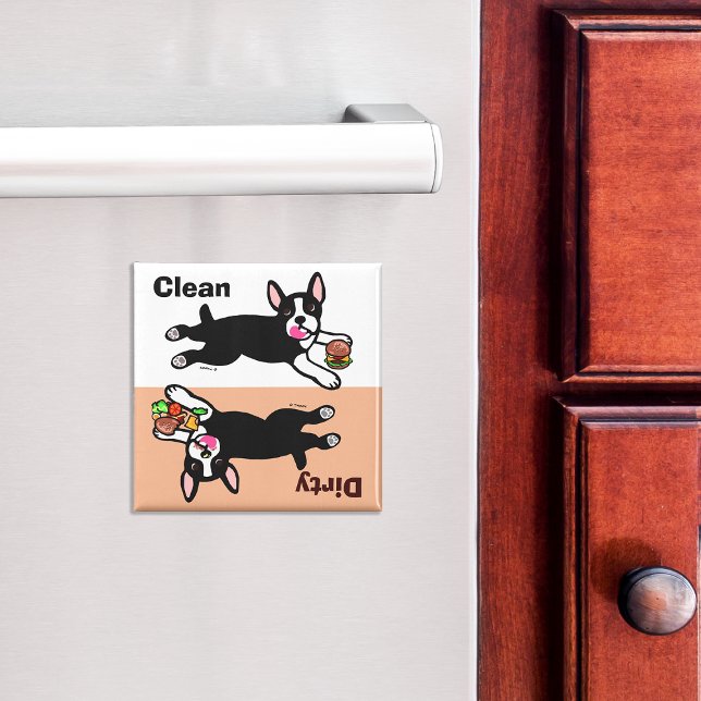 Íman Boston Terrier Cartoon Suja / Limpo (Cute Boston Terrier Cartoon Dishwasher Magnet.)