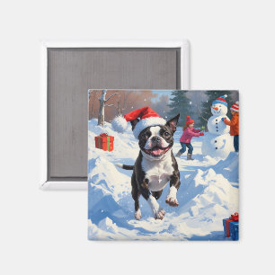 Íman Boston Terrier Cena de Natal Festivo na Neve