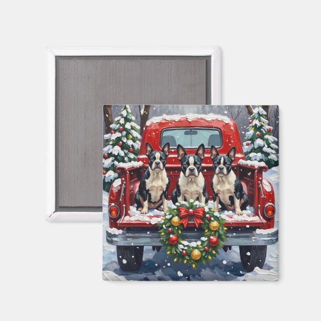 Íman Boston Terrier Christmas Red Truck Holiday (Front/Back)
