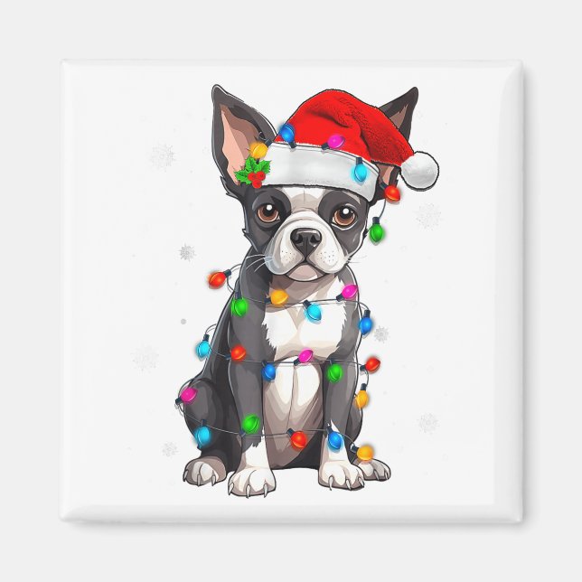 Íman Boston Terrier Christmas Santa Hat Tree Lights Paj (Frente)