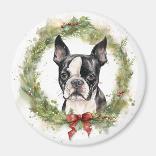 Íman Boston Terrier Christmas Wreath Festivo Pup