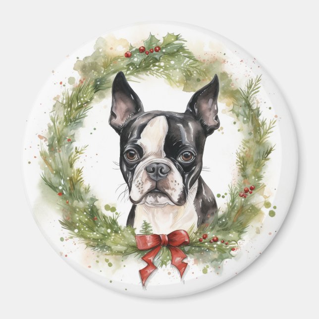 Íman Boston Terrier Christmas Wreath Festivo Pup (Frente)