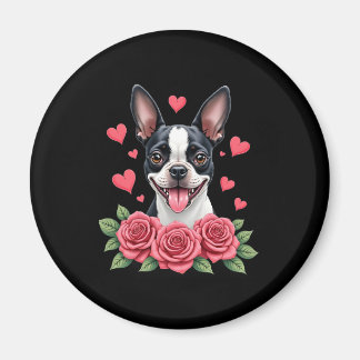 Íman Boston Terrier com Corações de Rosas Vermelhas Cam