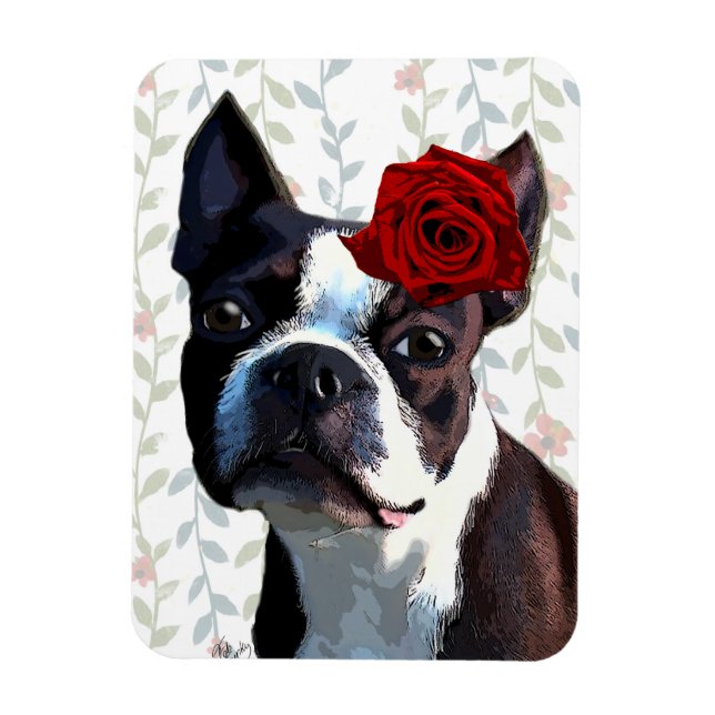 Íman Boston Terrier com Rosa no cabeçalho 2 (Vertical)