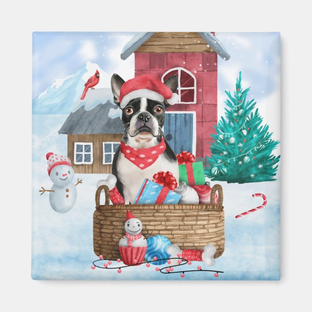 Íman Boston Terrier Dog Na Casa Dos Cachorros De Natal  (Frente)