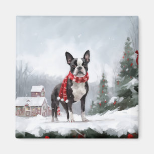 Íman Boston Terrier Dog no Natal da neve
