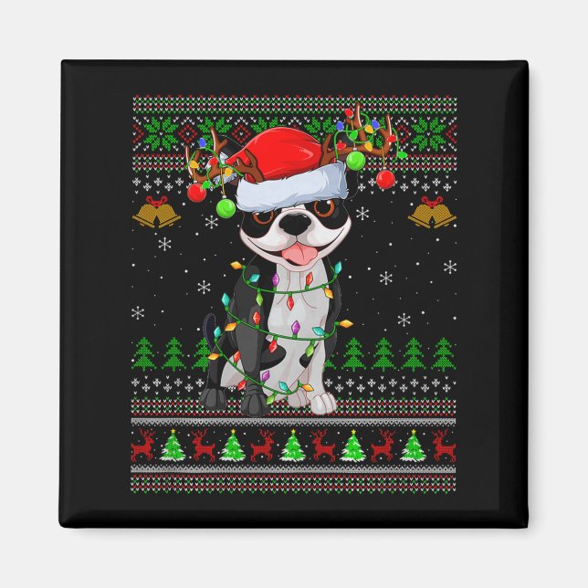 Íman Boston Terrier Dog Ugly Christmas Sweater Holiday  (Frente)