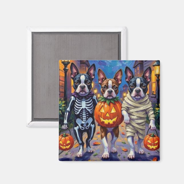 Íman Boston Terrier Dogs Trick-or-Tratating in Hallowee (Front/Back)