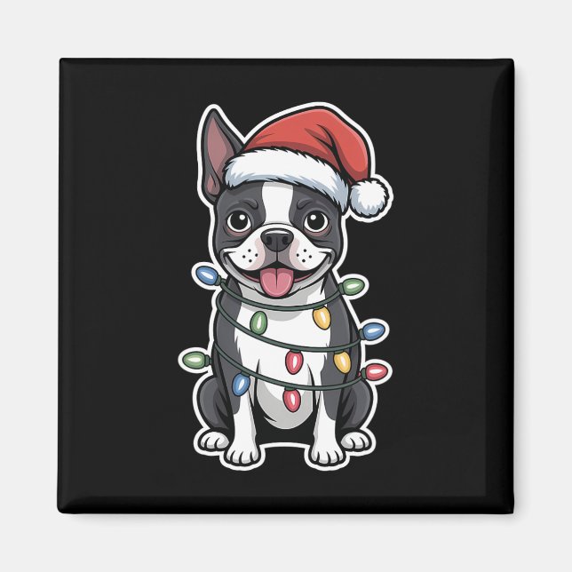 Íman Boston Terrier embrulhada em luzes de Natal (Frente)