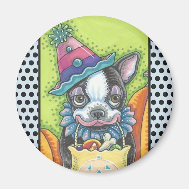 Íman BOSTON TERRIER HALLOWEEN CLOWN, DOG MAGNET Round (Frente)