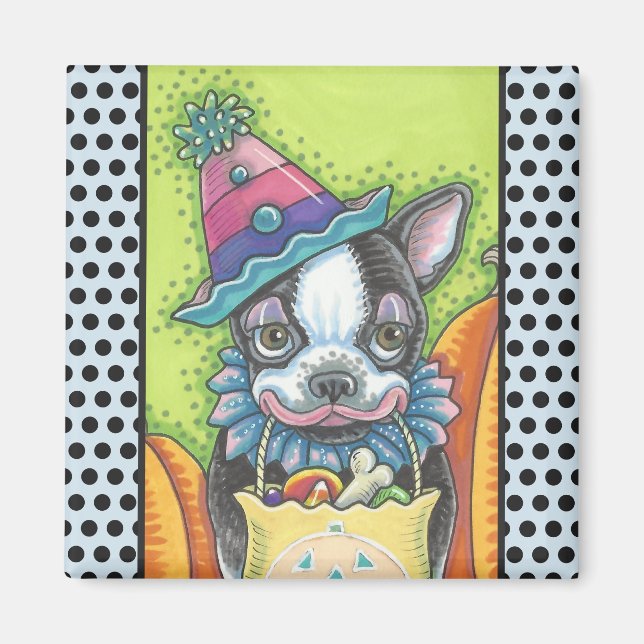 Íman BOSTON TERRIER HALLOWEEN CLOWN, MAGNET Square (Frente)