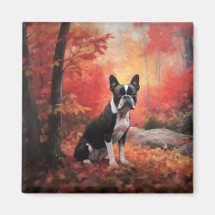 Íman Boston Terrier nas Folhas de Outono Caindo Inspira