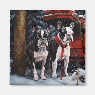 Íman Boston Terrier Nevado Trenó Natal Decoração de Nat