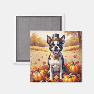 Íman Boston Terrier no outono deixa arte de ação de gra