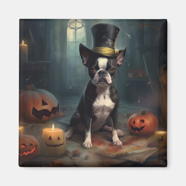 Íman Boston Terrier Pumpkins Halloween Assustado (Frente)