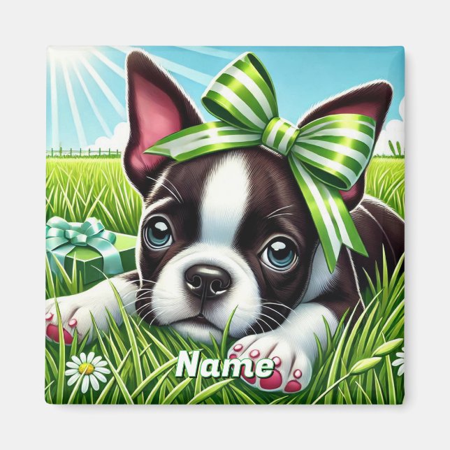Íman Boston Terrier Puppy personalizada com Arco verde (Frente)