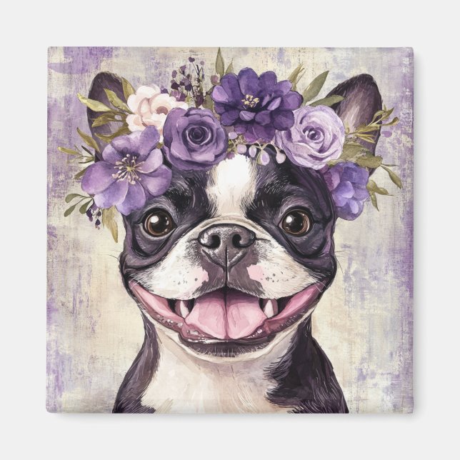 Íman Boston Terrier Purple Floral Kitchen (Frente)