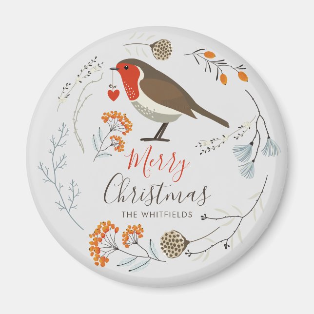 Íman Botânica Personalizada do Pássaro Robin Natal Botâ (Frente)