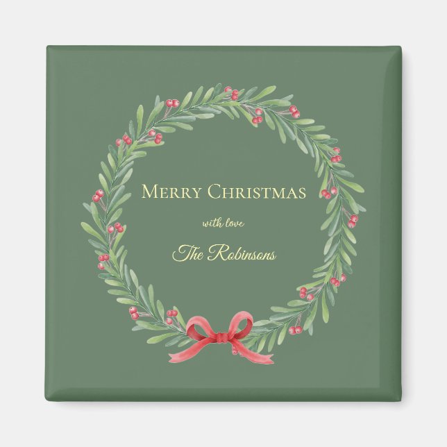 Íman Botanical Christmas Wreath Modern Script (Frente)