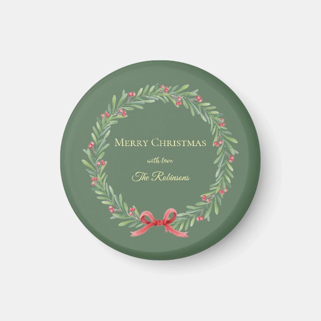 Íman Botanical Christmas Wreath Modern Script (Frente)