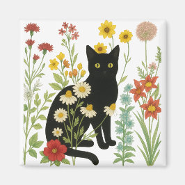 Íman Botanical Nature – Black Cat in Wildflower Garden