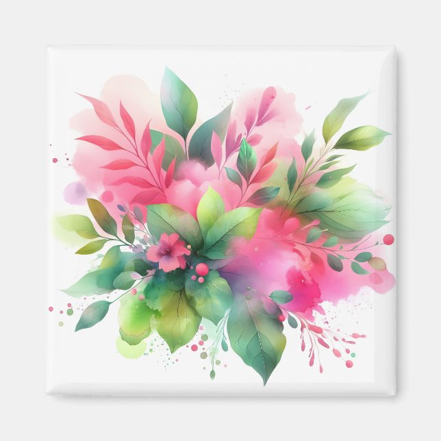 Íman Botânico Florido de Aquarela Rosa Verde (Frente)