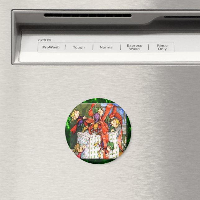 Íman Botão feliz Elves Wrapping Presente (In Situ (Dishwasher))