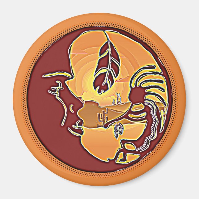Íman Botão Paisagem - Lua Kokopelli Feather 1 (Frente)