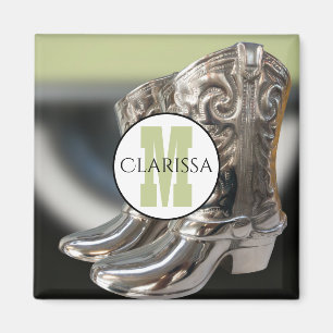 Íman Botas de Cowgirl Prateadas Personalizadas com Mono