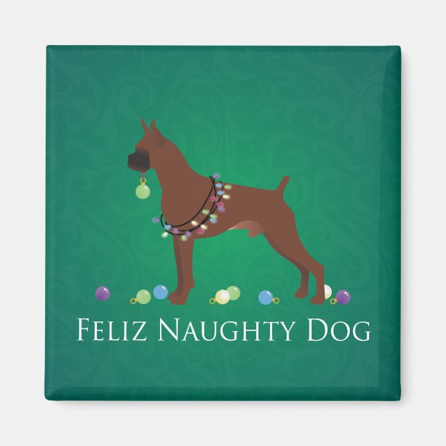 Íman Boxer Dog Feliz Naughn Design de Natal (Frente)