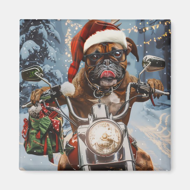 Íman Boxer Dog Riding Motorcycle Christmas (Frente)