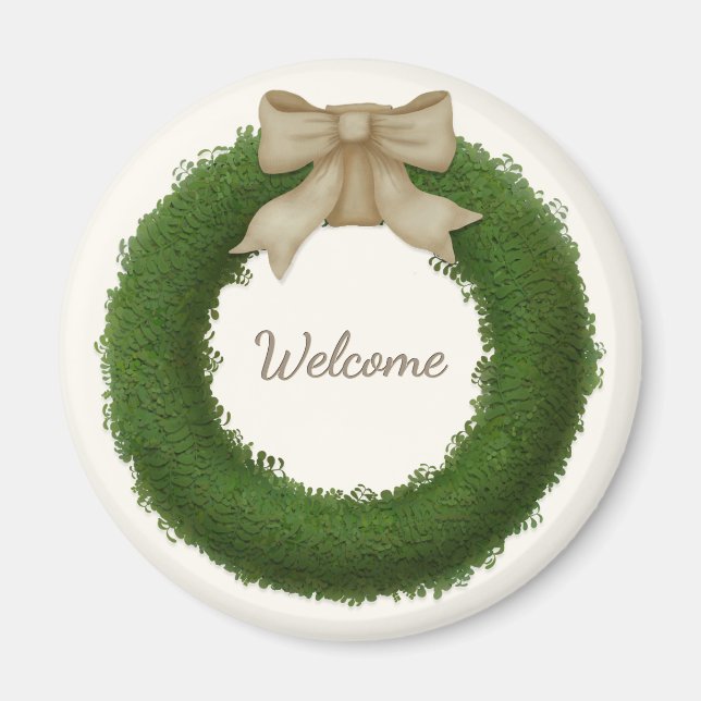 Íman Boxwood Wreath com nome personalizado ou saudação  (Frente)