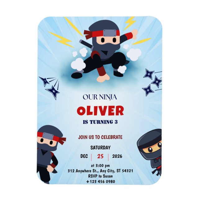Íman Boys Ninja Cartoon Birthday Magnet Convite (Vertical)