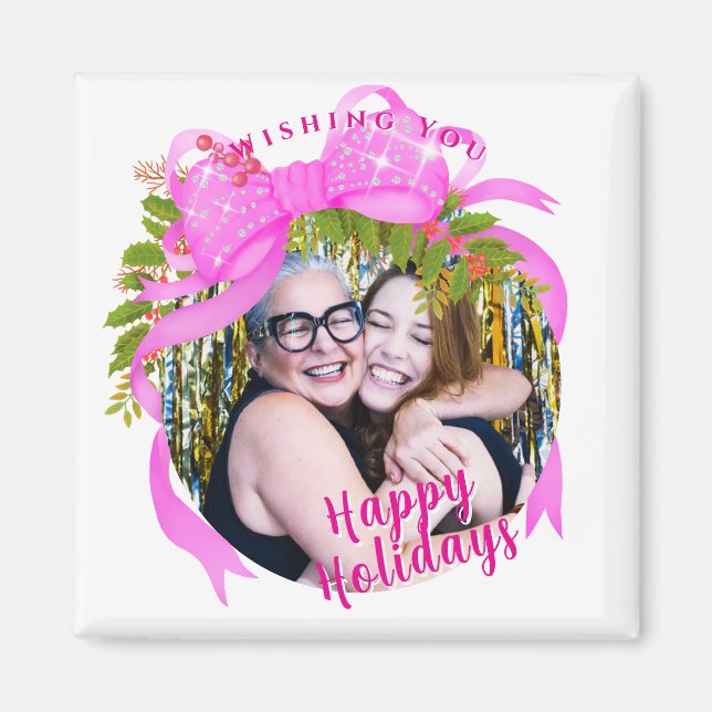 Íman Branca de Natal da Fita Rosa Brilhante (Frente)