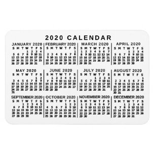 Íman Branco do calendário mensal de 2020 anos e preto