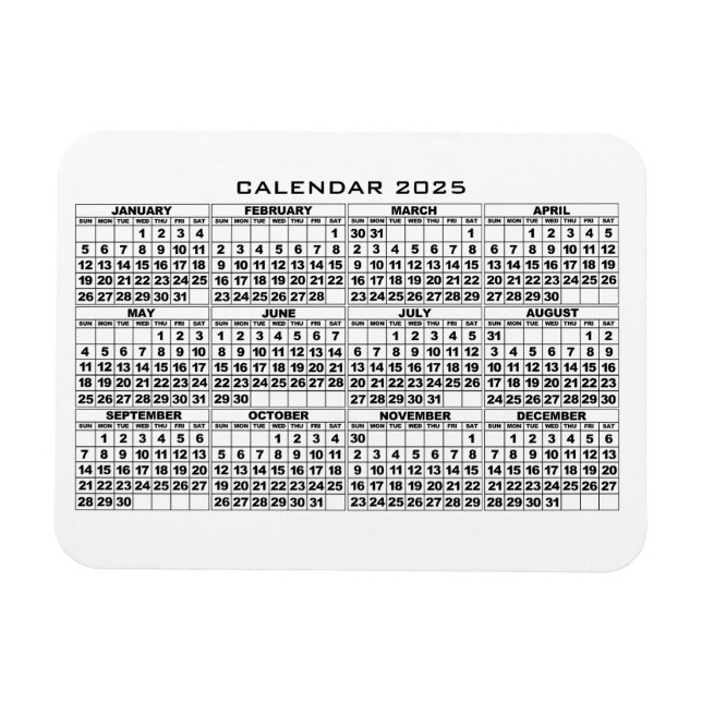 Íman Branco do ímã de calendário 2025 (Horizontal)