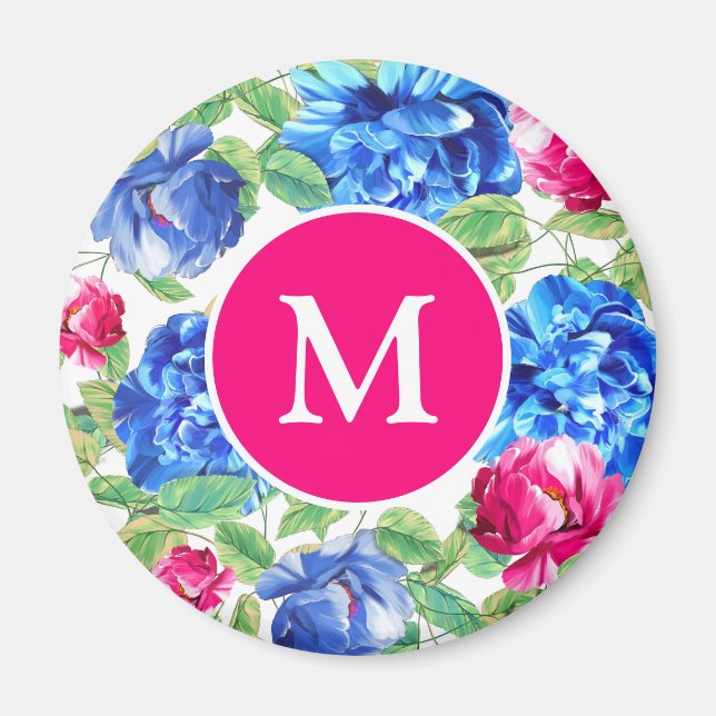 Íman Brilhante Rosa e Azul Floral Bonito Monogramado (Frente)