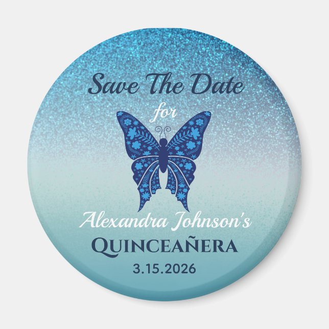 Íman Brilho Azul Quinceañera Salve a Data (Frente)