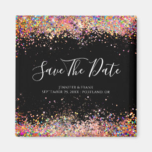 Íman Brilho Holográfico Save The Date Elegante Preto