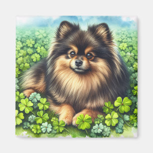 Íman Brindle Pomeranian Watercolor Clover Shamrock