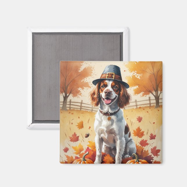 Íman Brittany Spaniel em Folhas de Outono Arte de Ação  (Front/Back)