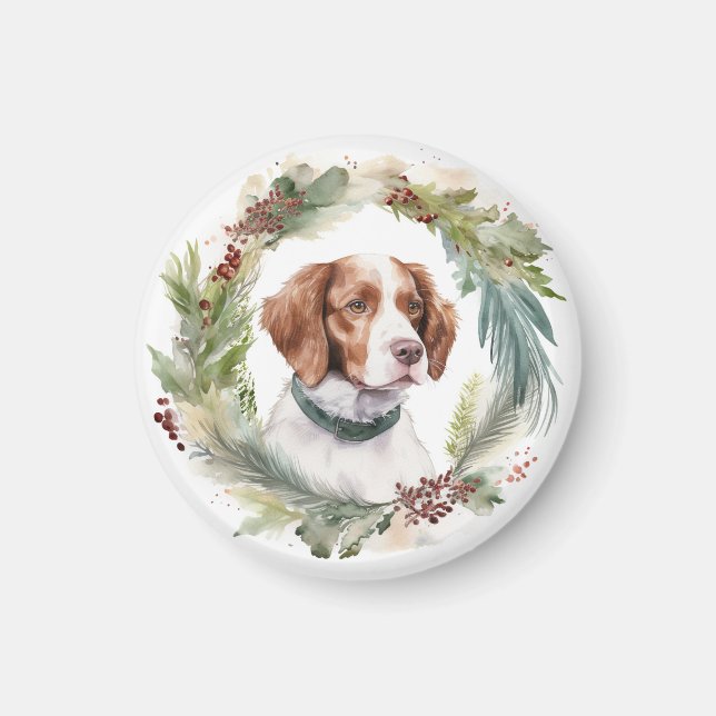 Íman Brittany Spaniel Wreath Festivo Pup (Frente)