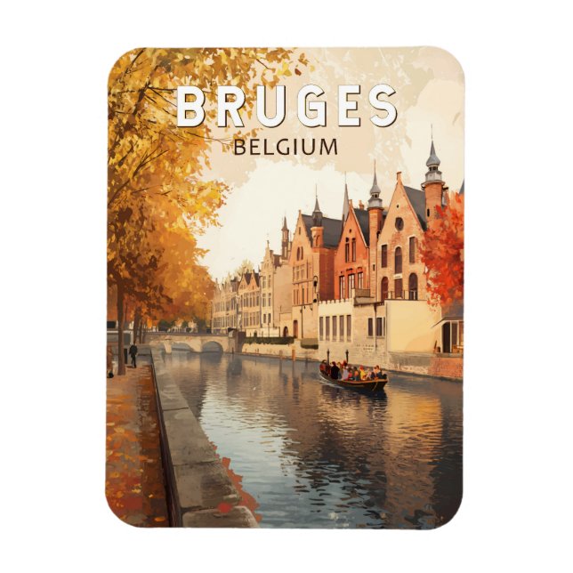 Íman Bruges Belgium Illustration Viagem Art Vintage (Vertical)
