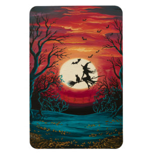 Íman Bruxa de Halloween e Gato em um Magneta de Broomst