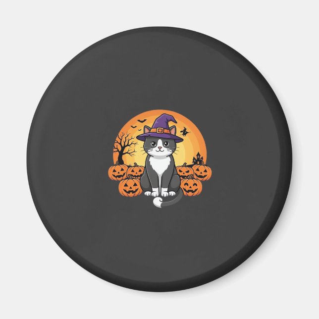 Íman Bruxa de Halloween Gato Abóbora Lua Design_1 (Frente)