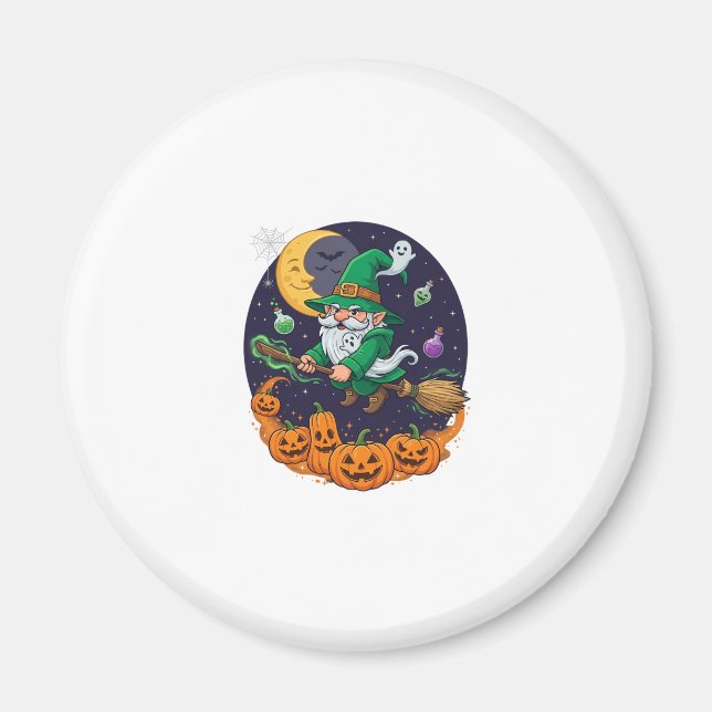 Íman Bruxa de Halloween Gnome Vassoura Abóboras Lua (Frente)