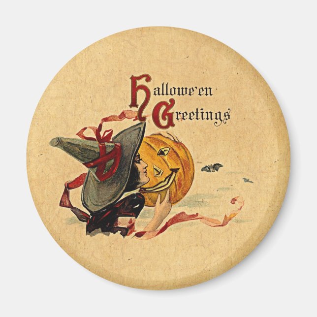 Íman Bruxa de Halloween Vintage Com Fitas Vermelhas (Frente)