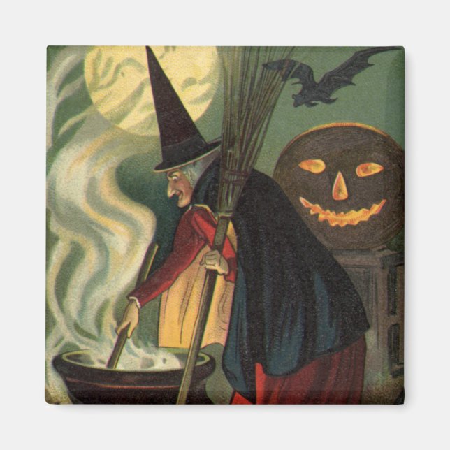 Íman Bruxa de Halloween Vintage Mexendo Caldeirão Mágic (Frente)