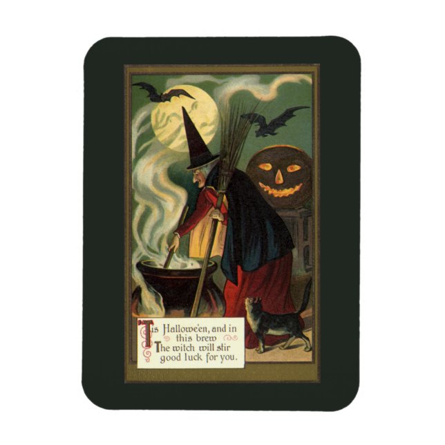 Íman Bruxa de Halloween Vintage Mexendo Caldeirão Mágic (Vertical)